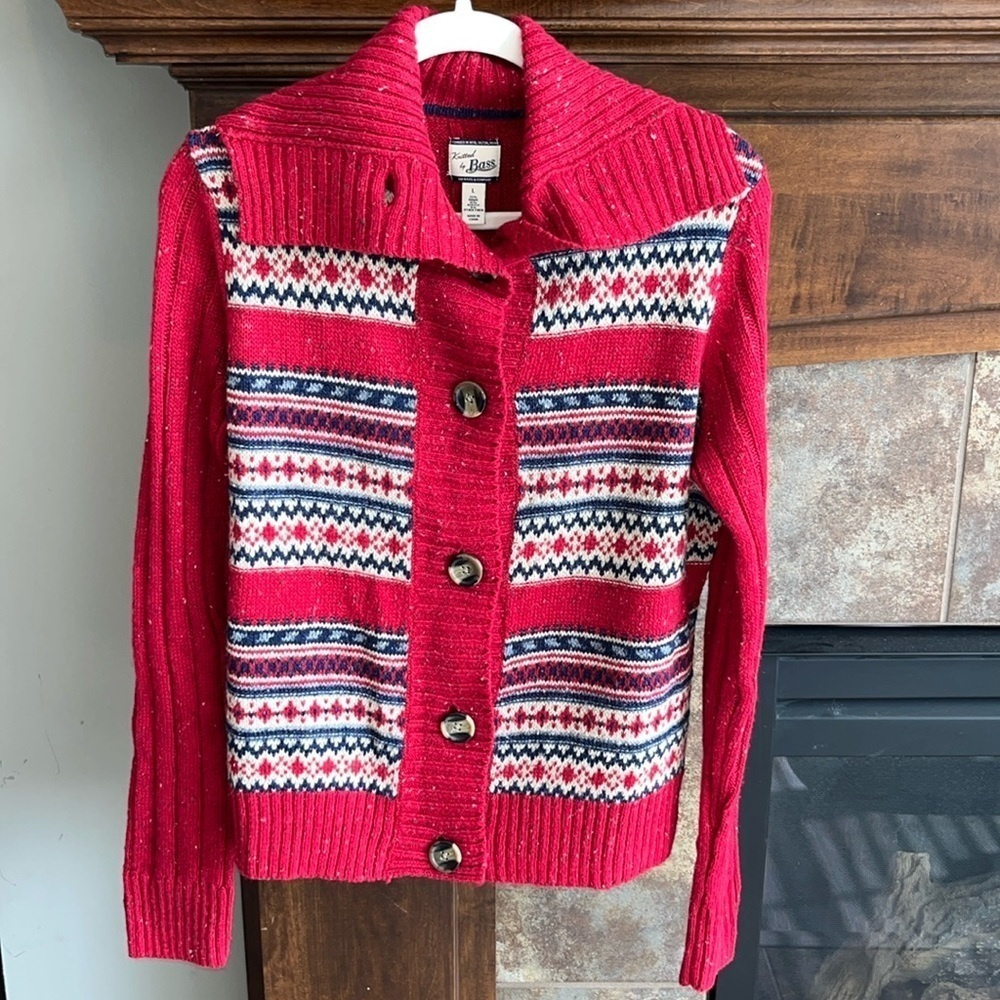 Red speckled collar cardigan sweater button front classic fair isle Nordic ski L